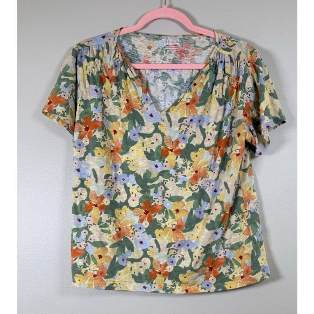 L.L.Bean Womens Multicolor Floral V-Neck Short Sleeve Blouse - M Regular
